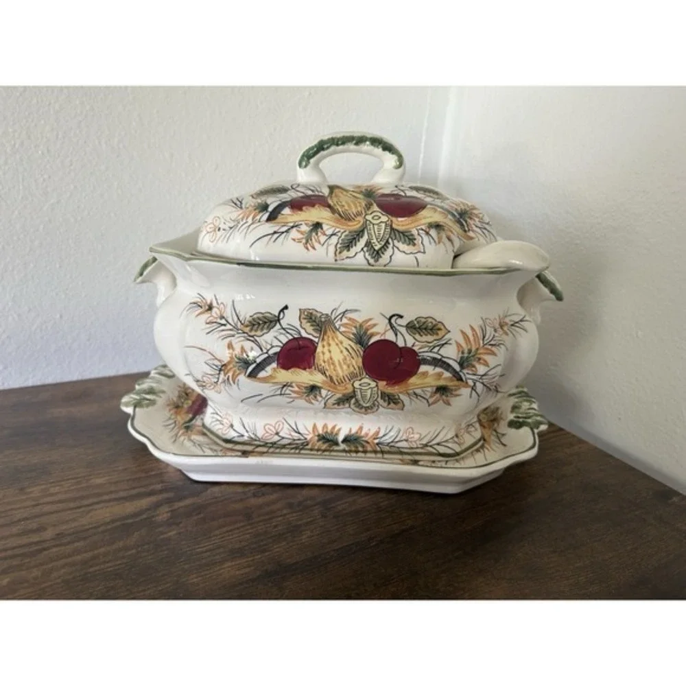 RARE 4-PC Royal Sealy Plum Harvest Soup Tureen Matching Platter Lid & Ladle 60's